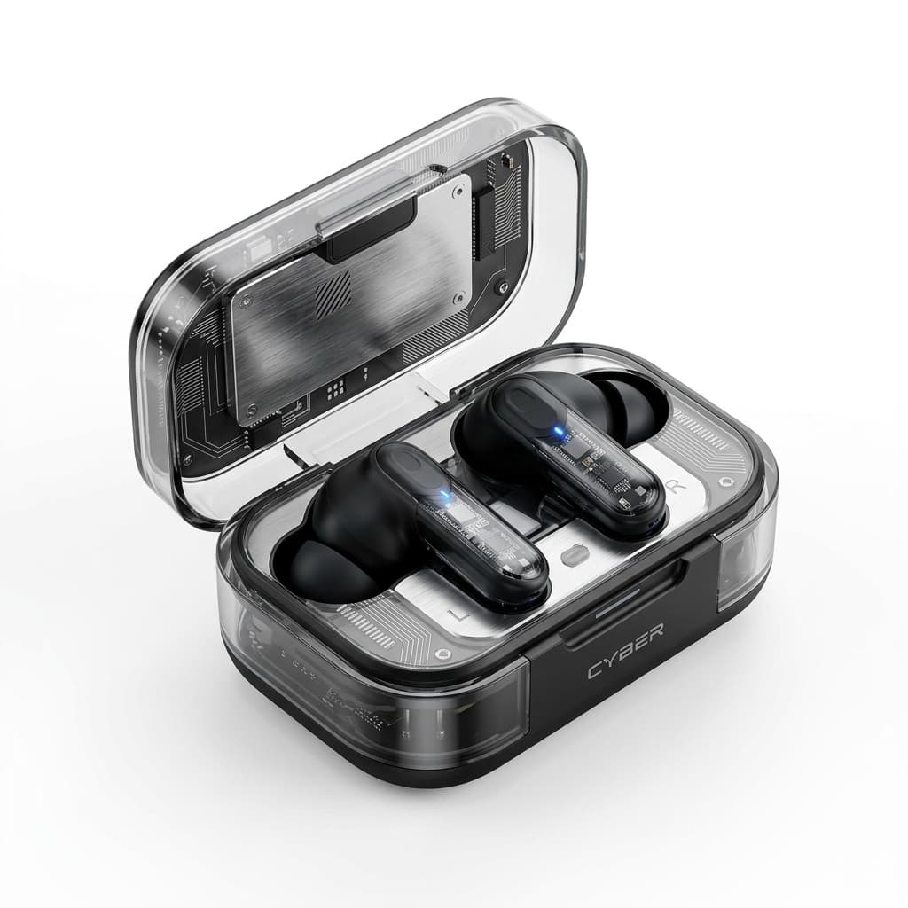 Transparent cyber earbuds charging case