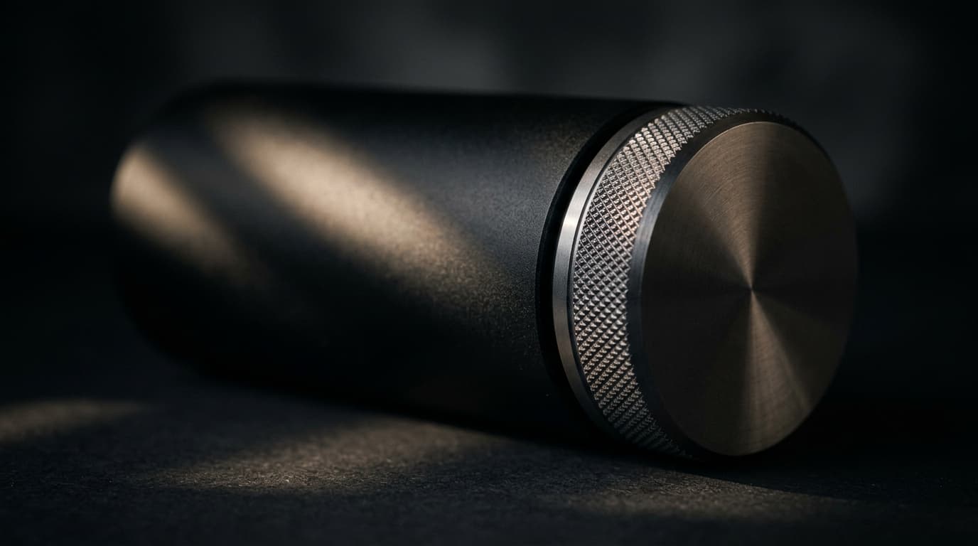 Macro shot of a knurled aluminium audio dial